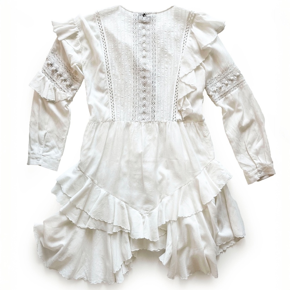 Sea New York Tie Neck Mini Dress White Size 4 Ruffle, Pom-Pom & Tassel Accents - Picture 2 of 14